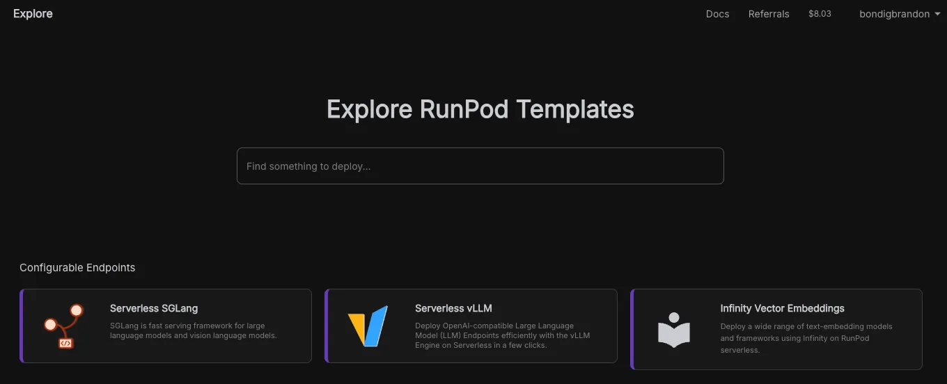 Runpod explore tab